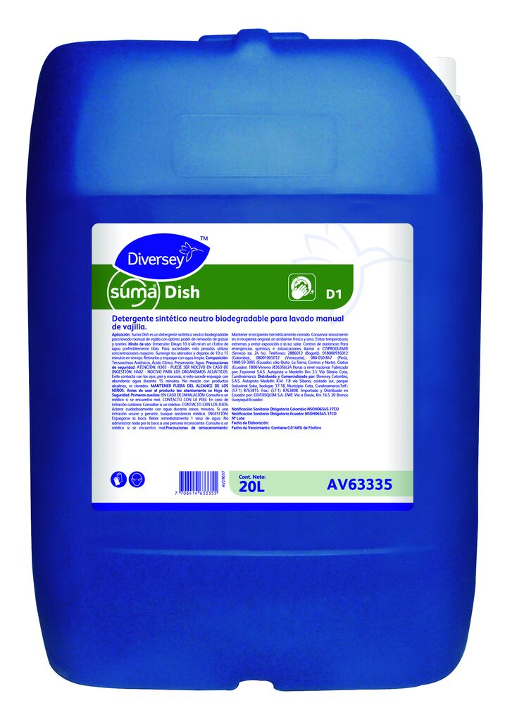 SUMA DISH D1 20L - Detergente sintético neutro biodegradable para lavado manual de vajilla